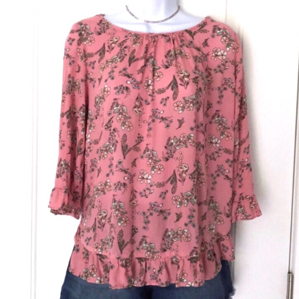 Gap 3/4 sleeve pink floral top with peplum hem